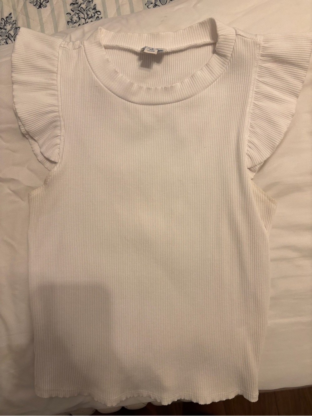 Francesca's White Ribbed Tank with Delicate Ruffle Trim